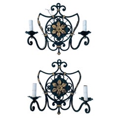 Pair of Italian Wall Sconces with Metal Gilt Accents