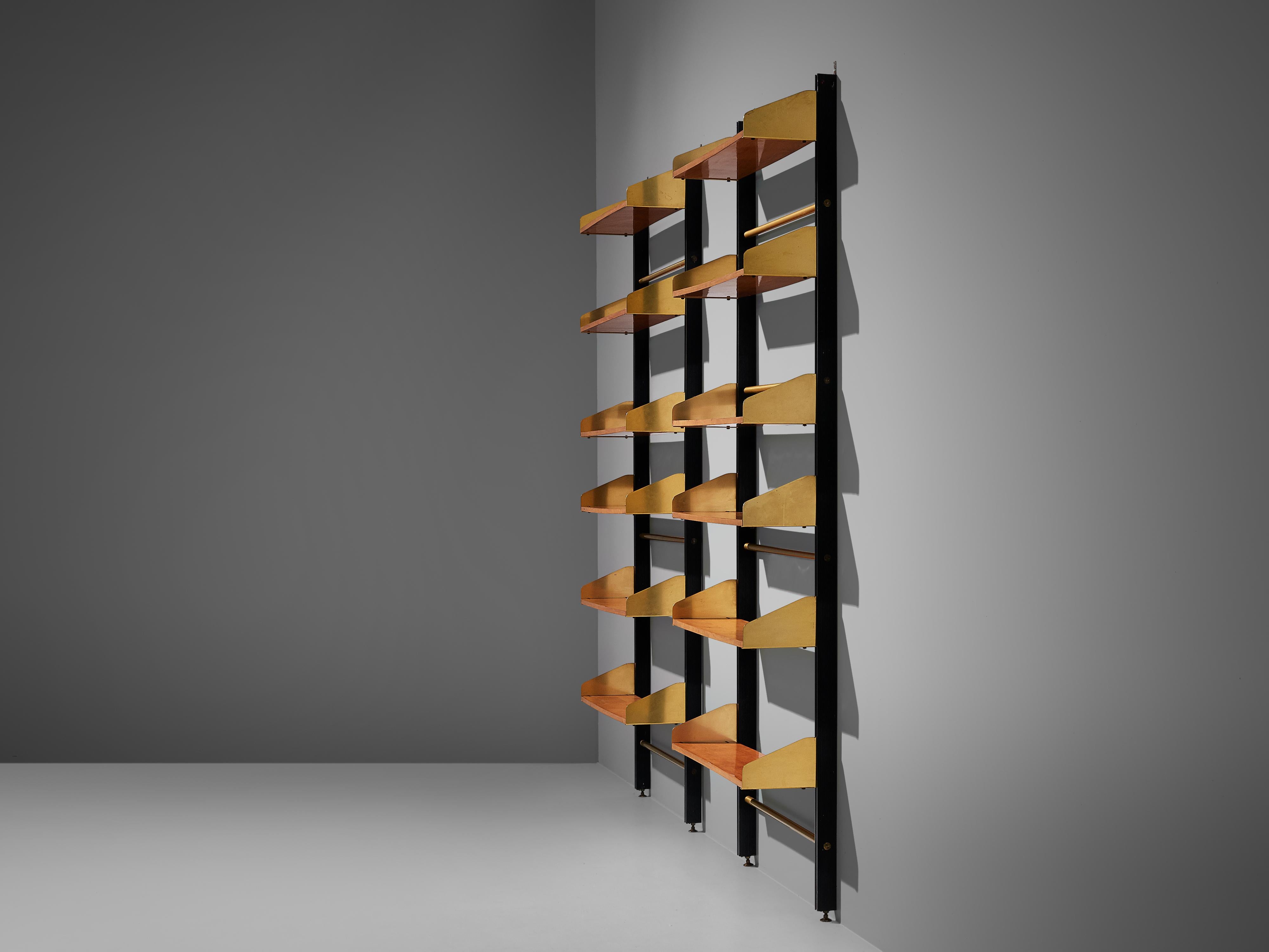 Metal Pair of Italian Wall Units by Feal in Brass and Teak