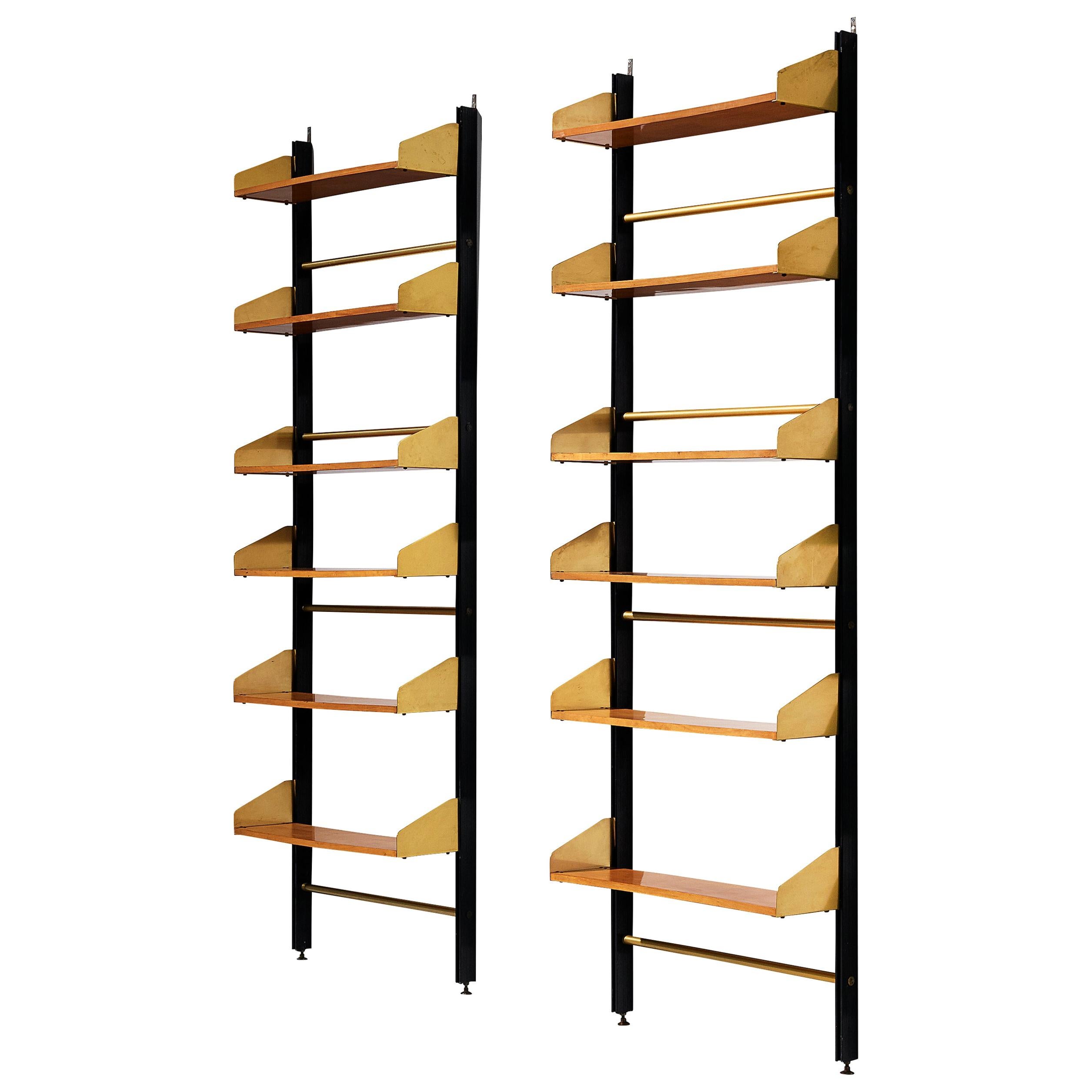Pair of Italian Wall Units by Feal in Brass and Teak