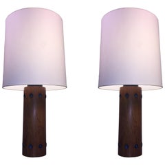 Pair of Italian Walnut and Enameled Copper Midcentury Lamps