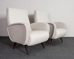 Pair of Italian Walnut and Gray and White Tweed Club Chairs after Marco Zanuso