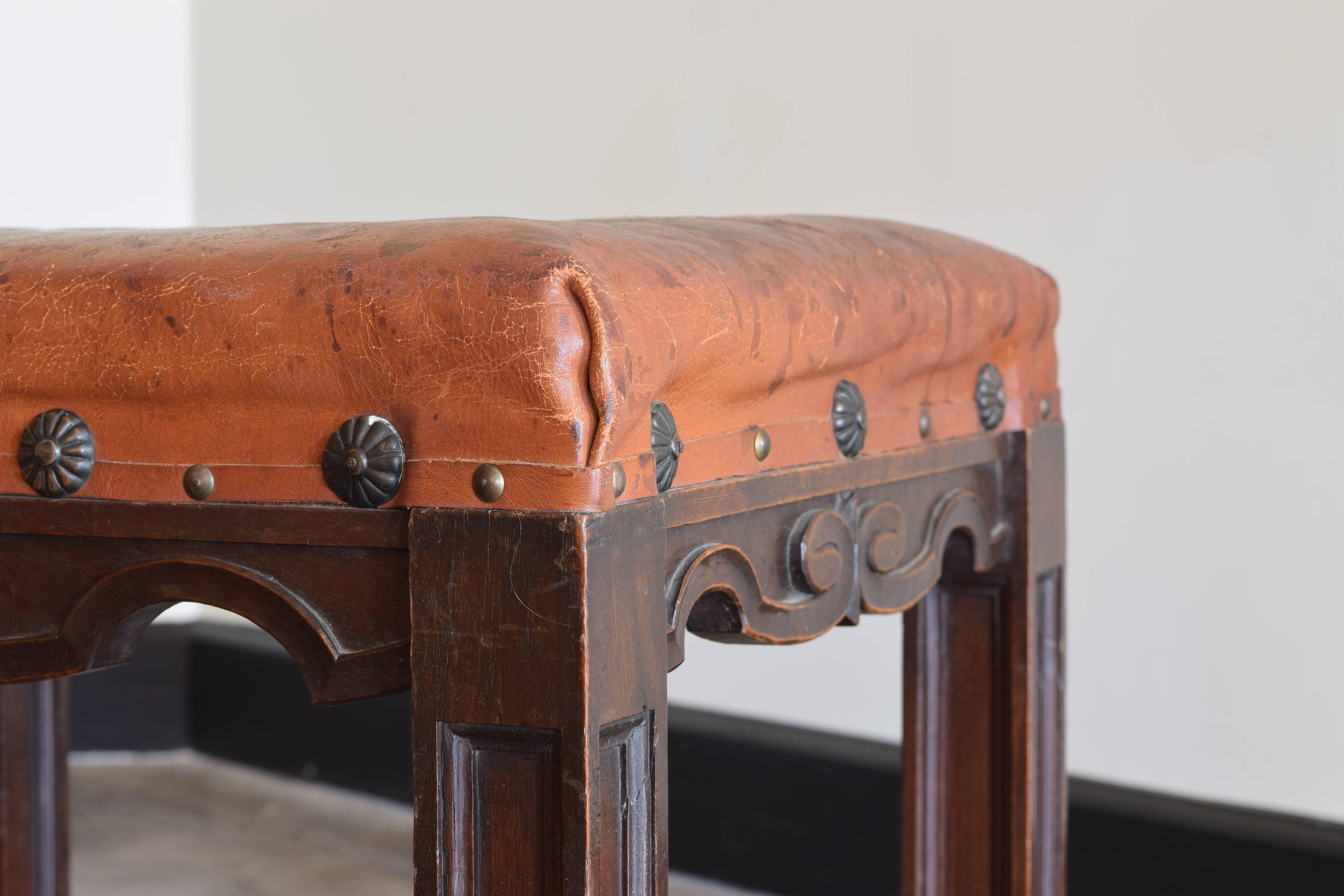 Pair of Italian Walnut and Leather Upholstered Gothic Revival Benches 1