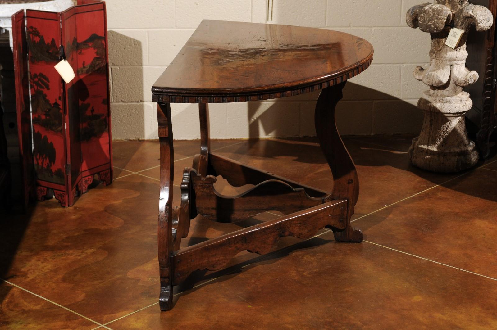 Pair of Italian Walnut Baroque Demi-lune Console Tables, Early 18th Century 8