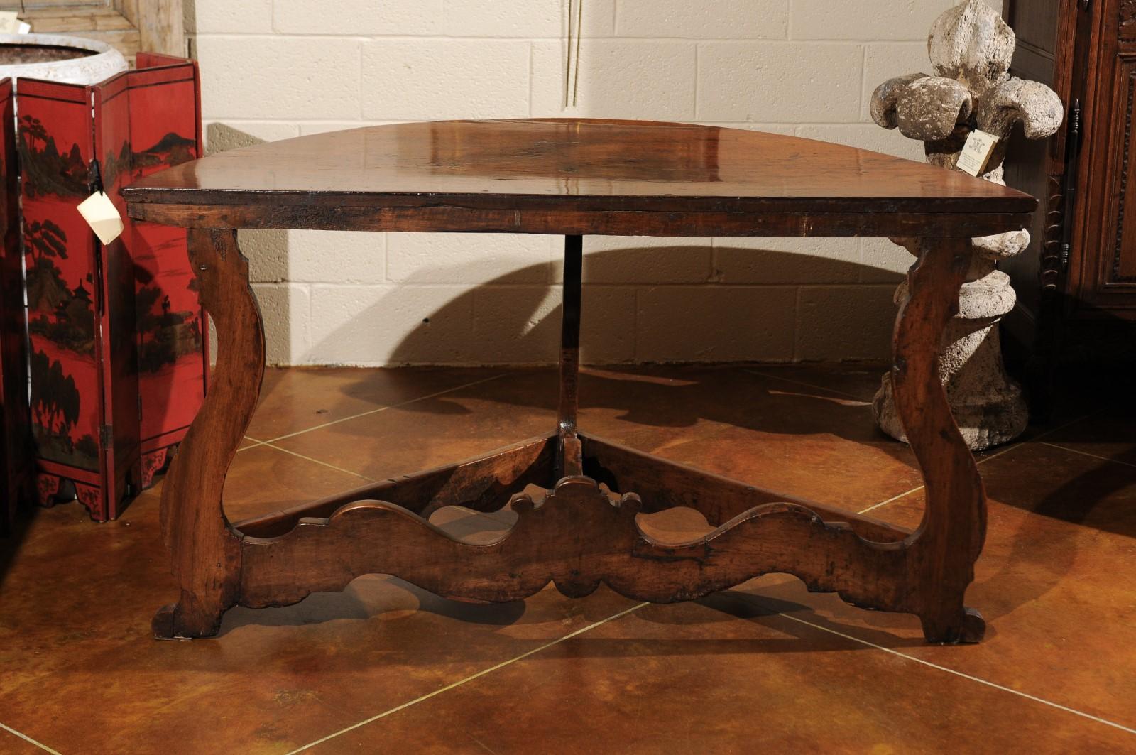 Pair of Italian Walnut Baroque Demi-lune Console Tables, Early 18th Century 9