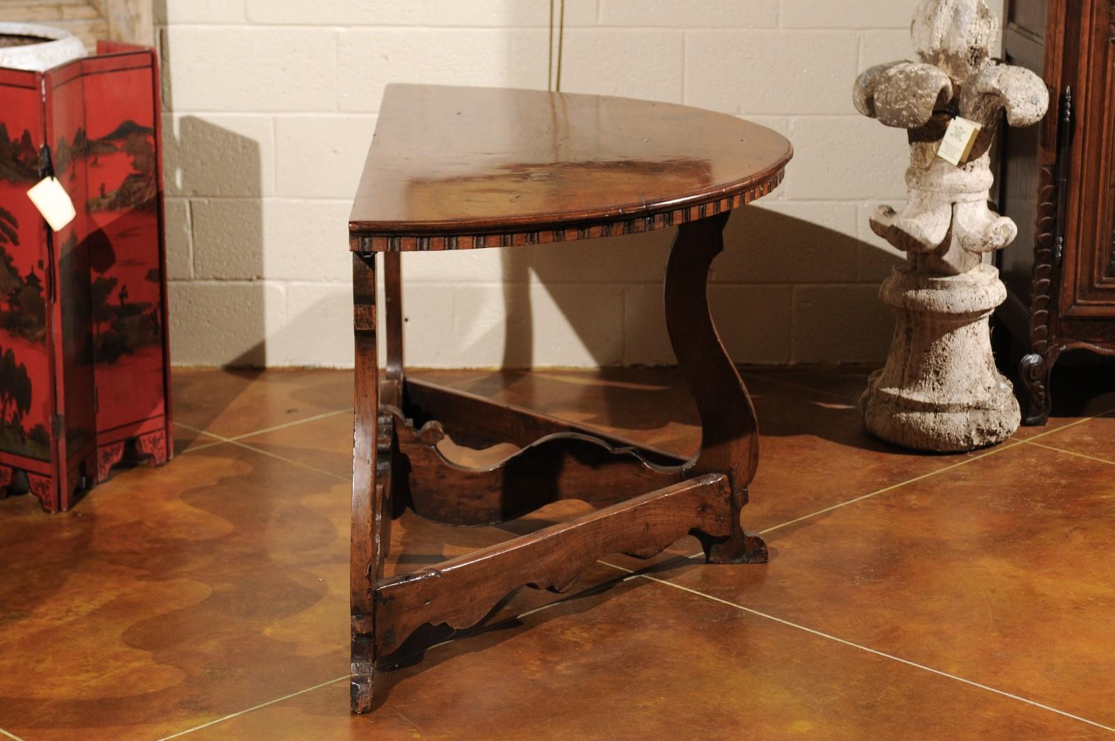 Pair of Italian Walnut Baroque Demi-lune Console Tables, Early 18th Century 1