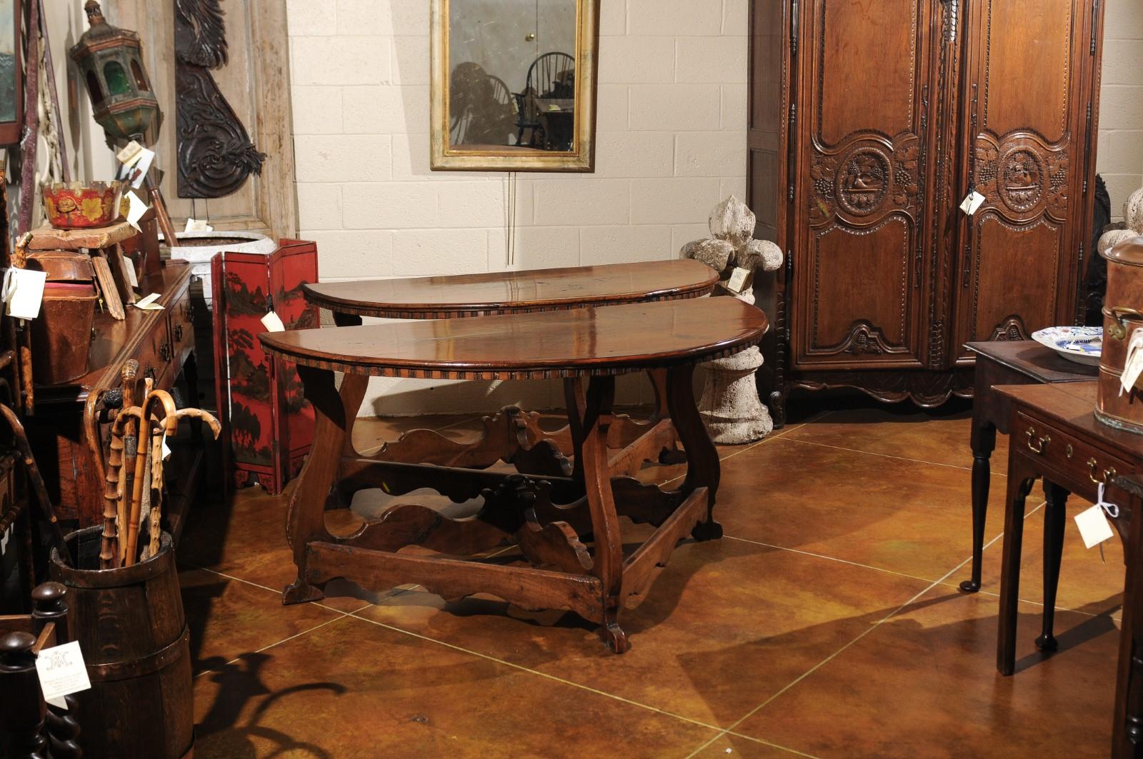 Pair of Italian Walnut Baroque Demi-lune Console Tables, Early 18th Century 3