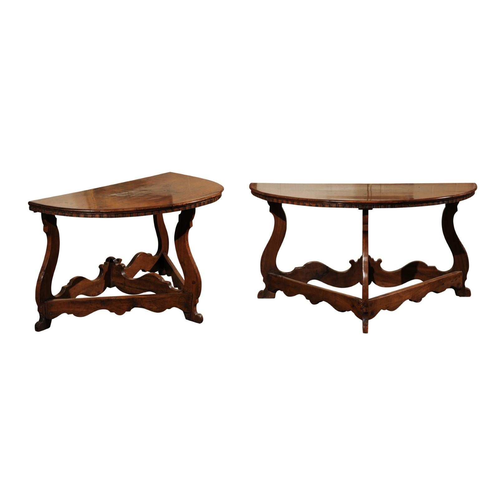 Pair of Italian Walnut Baroque Demi-lune Console Tables, Early 18th Century