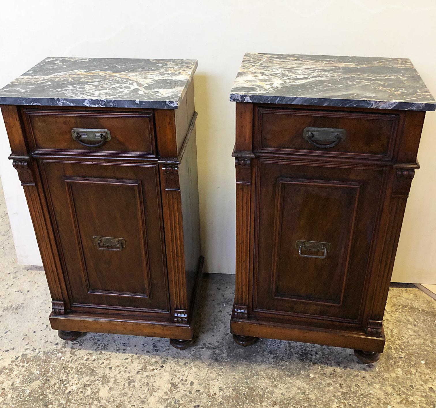 Country Pair of Italian Walnut Bedside Tables from 1880, Natural Color Portoro Marble