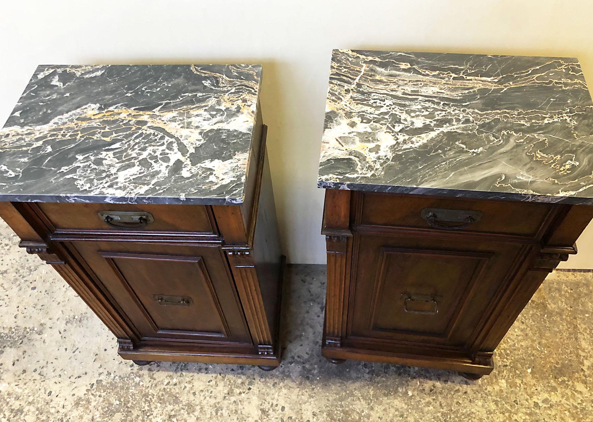 Pair of Italian Walnut Bedside Tables from 1880, Natural Color Portoro Marble 1