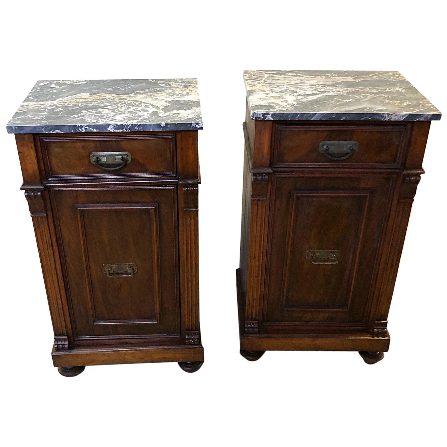 Pair of Italian Walnut Bedside Tables from 1880, Natural Color Portoro Marble