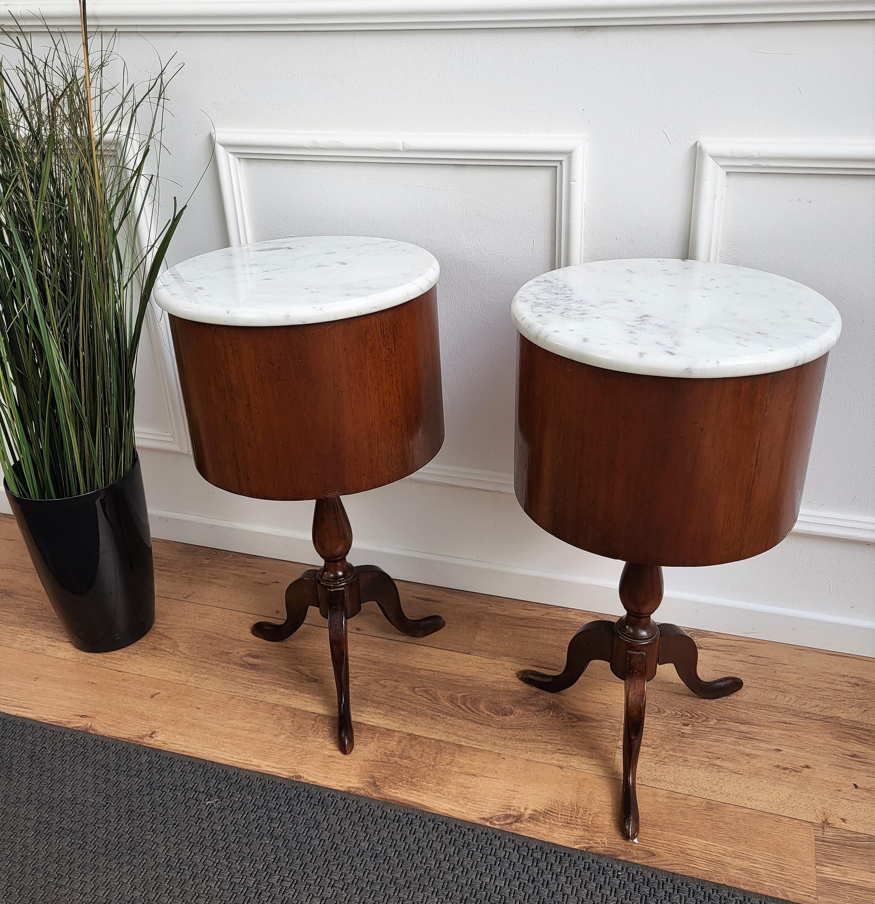 20th Century Pair of Italian Walnut Brass White Marble Antique Nightstands Bed Side Tables