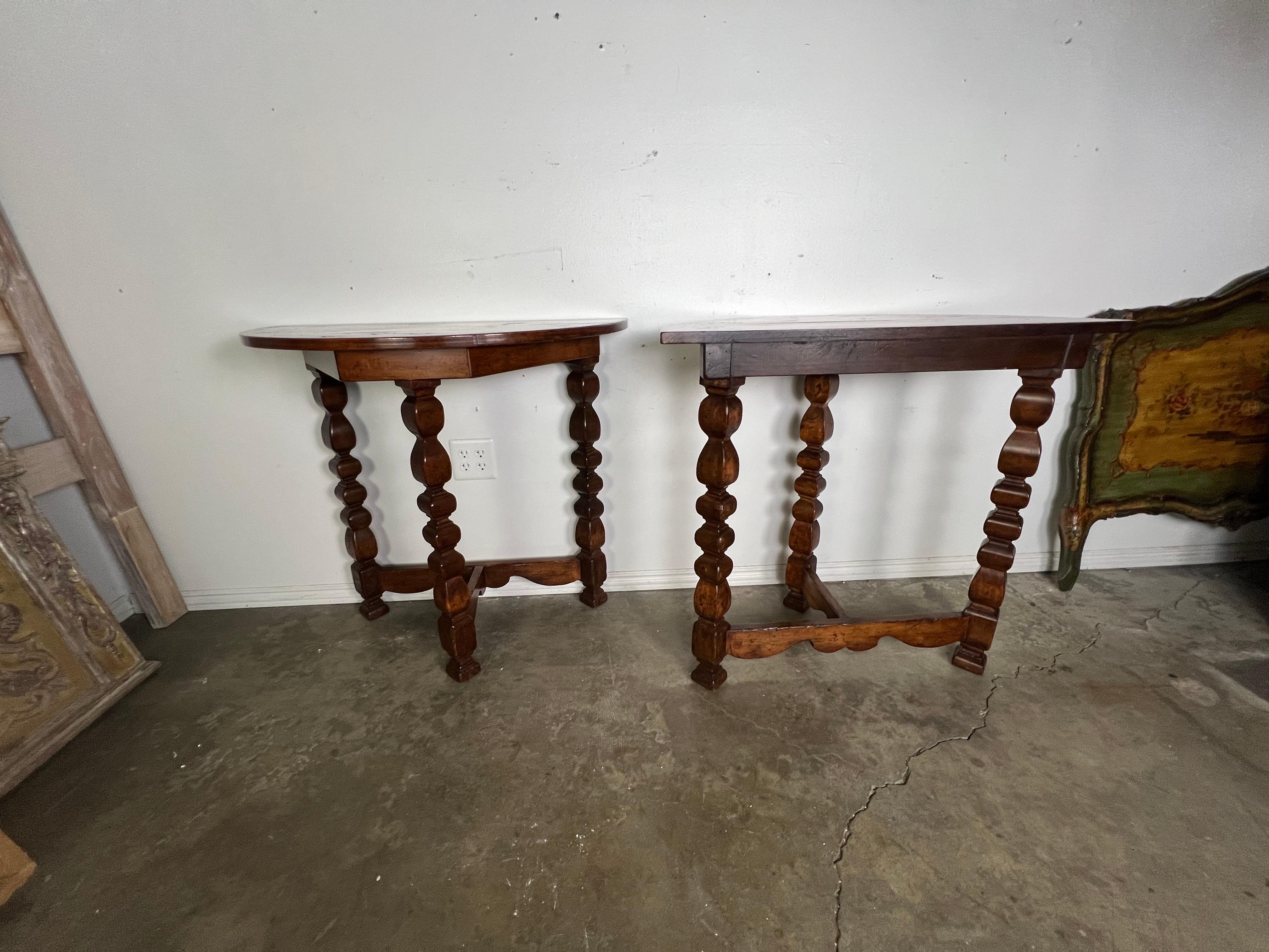 Pair of Italian Walnut Demi-Lune Tables C. 1930's For Sale 7