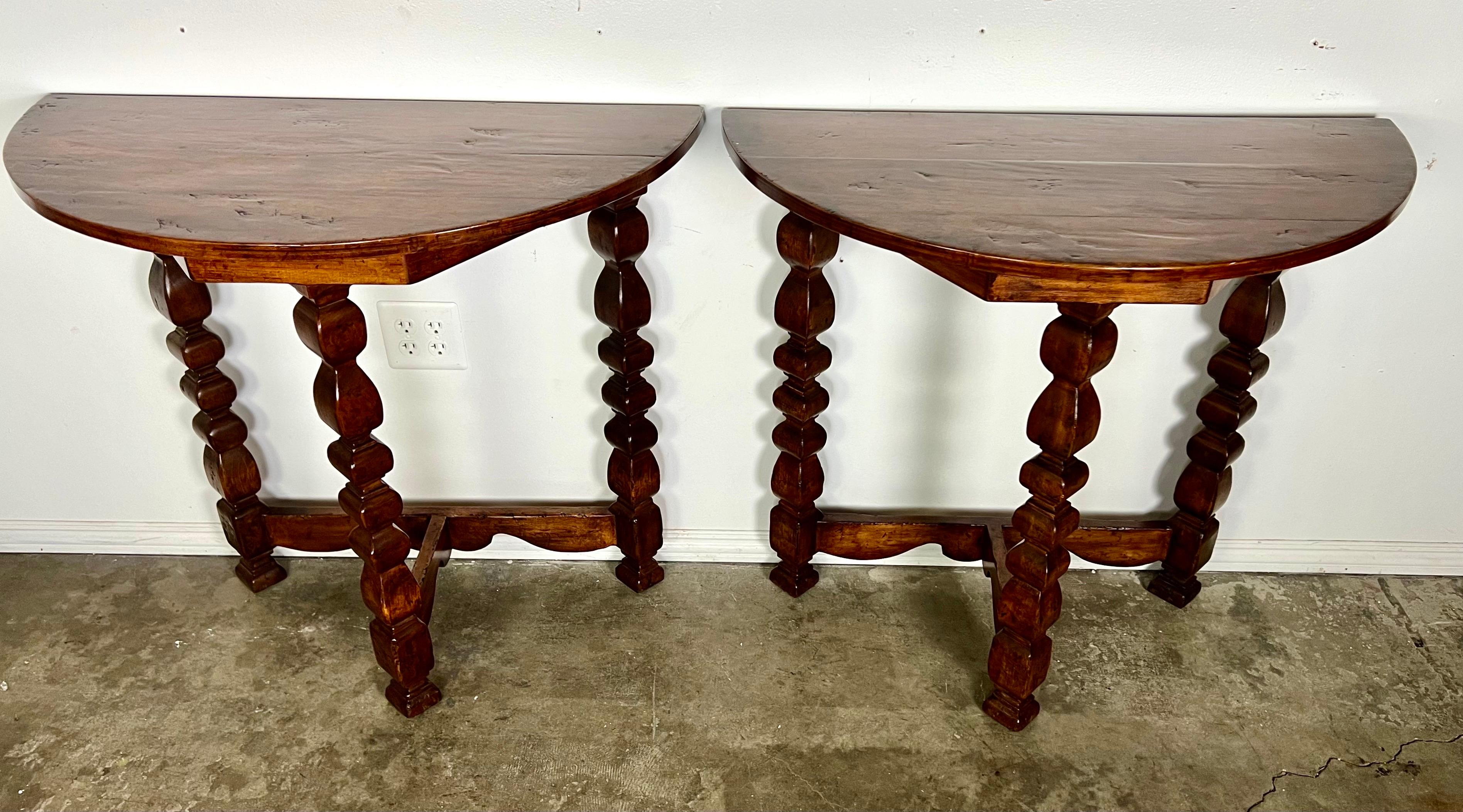 Pair of Italian Walnut Demi-Lune Tables C. 1930's In Distressed Condition For Sale In Los Angeles, CA