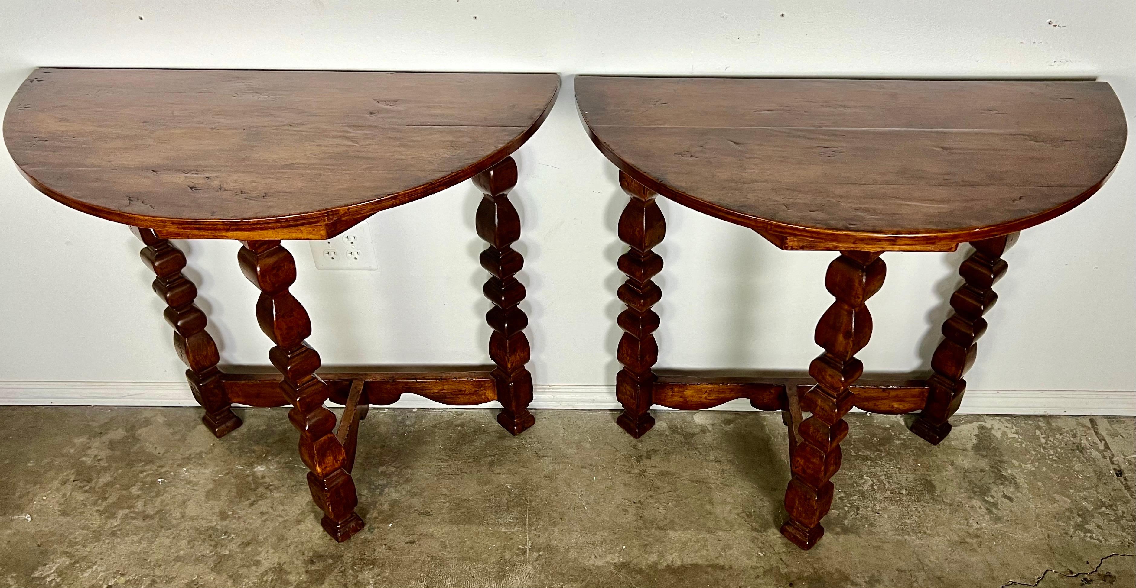 Mid-20th Century Pair of Italian Walnut Demi-Lune Tables C. 1930's For Sale