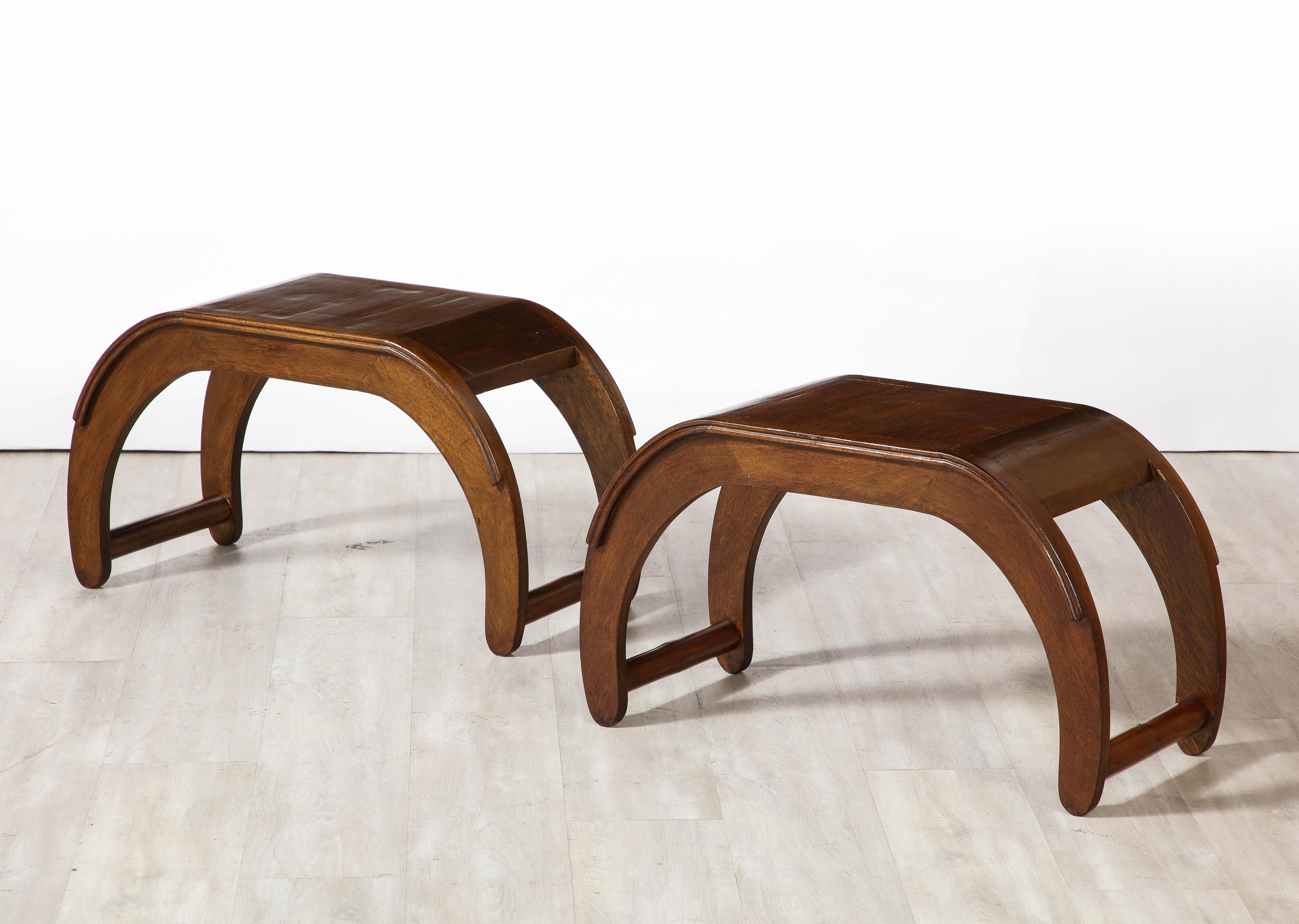 Mid-20th Century Pair of Italian Walnut Elliptical Shaped Benches  For Sale