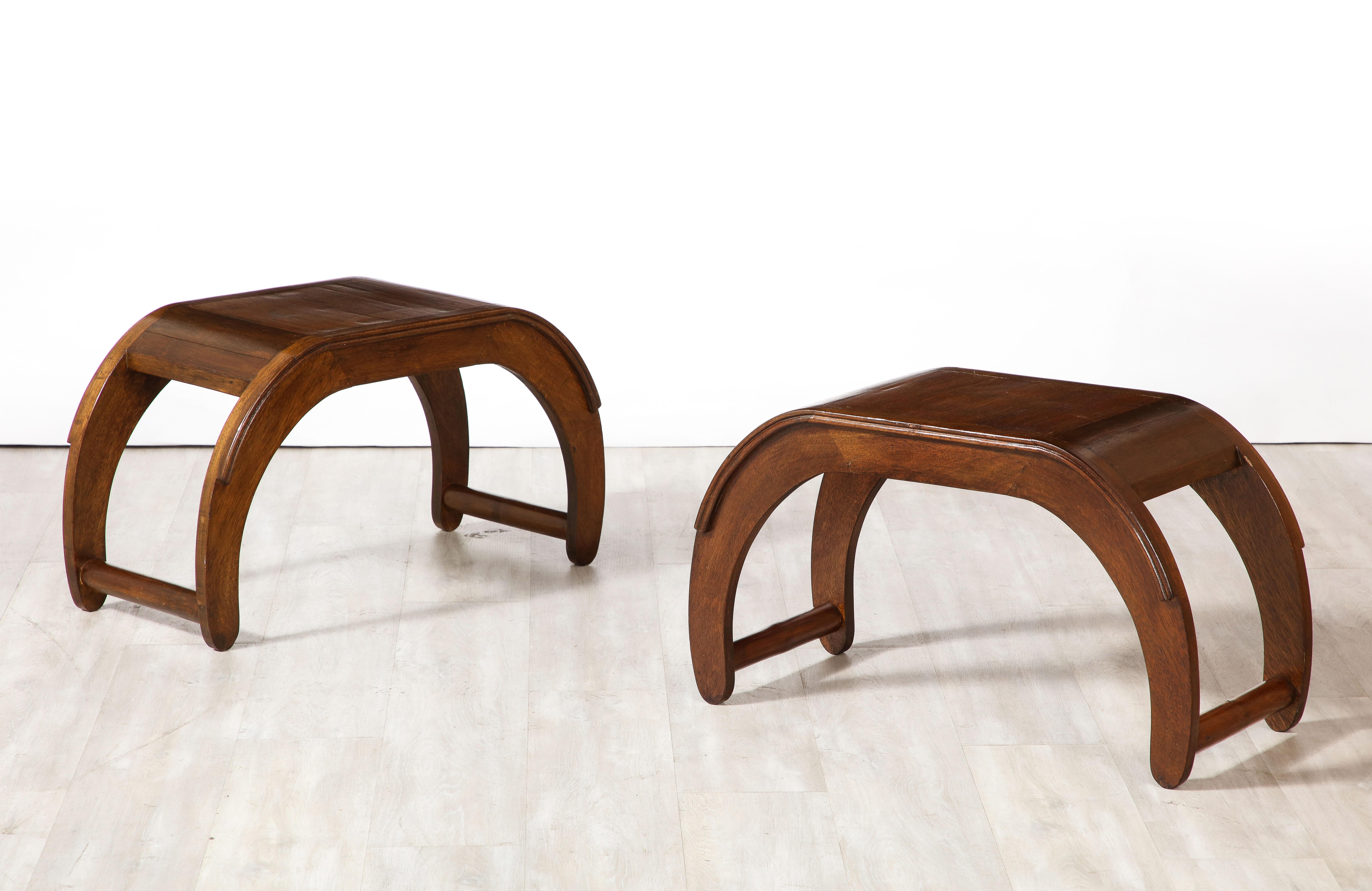 Pair of Italian Walnut Elliptical Shaped Benches  For Sale 1