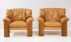 Pair of Italian Walnut, Leather Lounge Chairs, by Sapporo, Mobil Girgi, 1970's