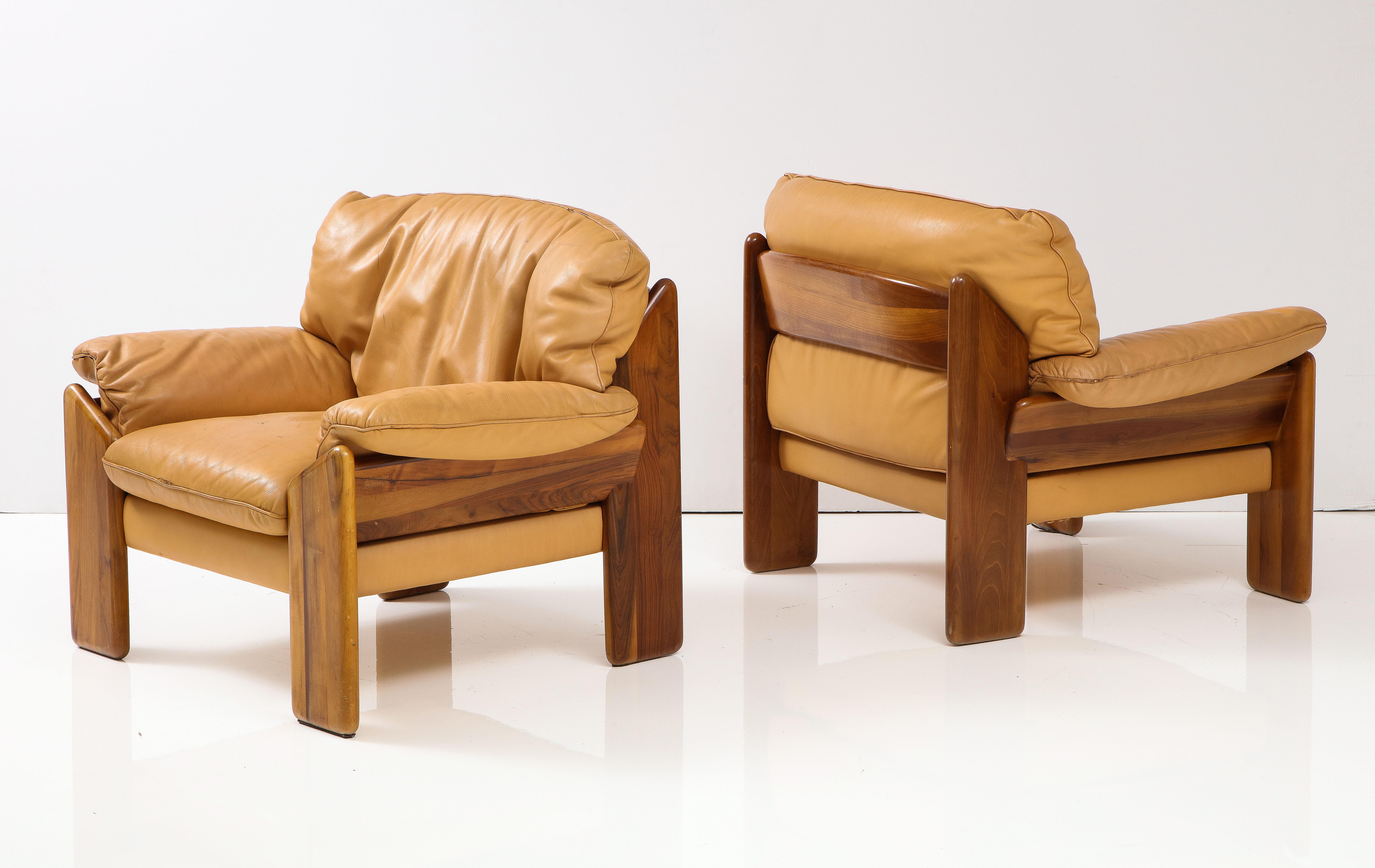 Pair of Italian Walnut, Leather Lounge Chairs, by Sapporo, Mobil Girgi, 1970's 1