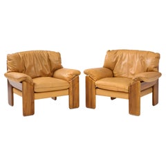 Pair of Italian Walnut, Leather Lounge Chairs, by Sapporo, Mobil Girgi, 1970's