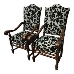 Pair of Italian Walnut Louis XIII Style Armchairs with Gray Silk and Black Velve