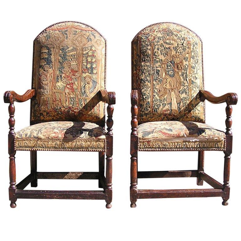 Pair of Italian Walnut Needlepoint Arm Chairs, 18th century For Sale