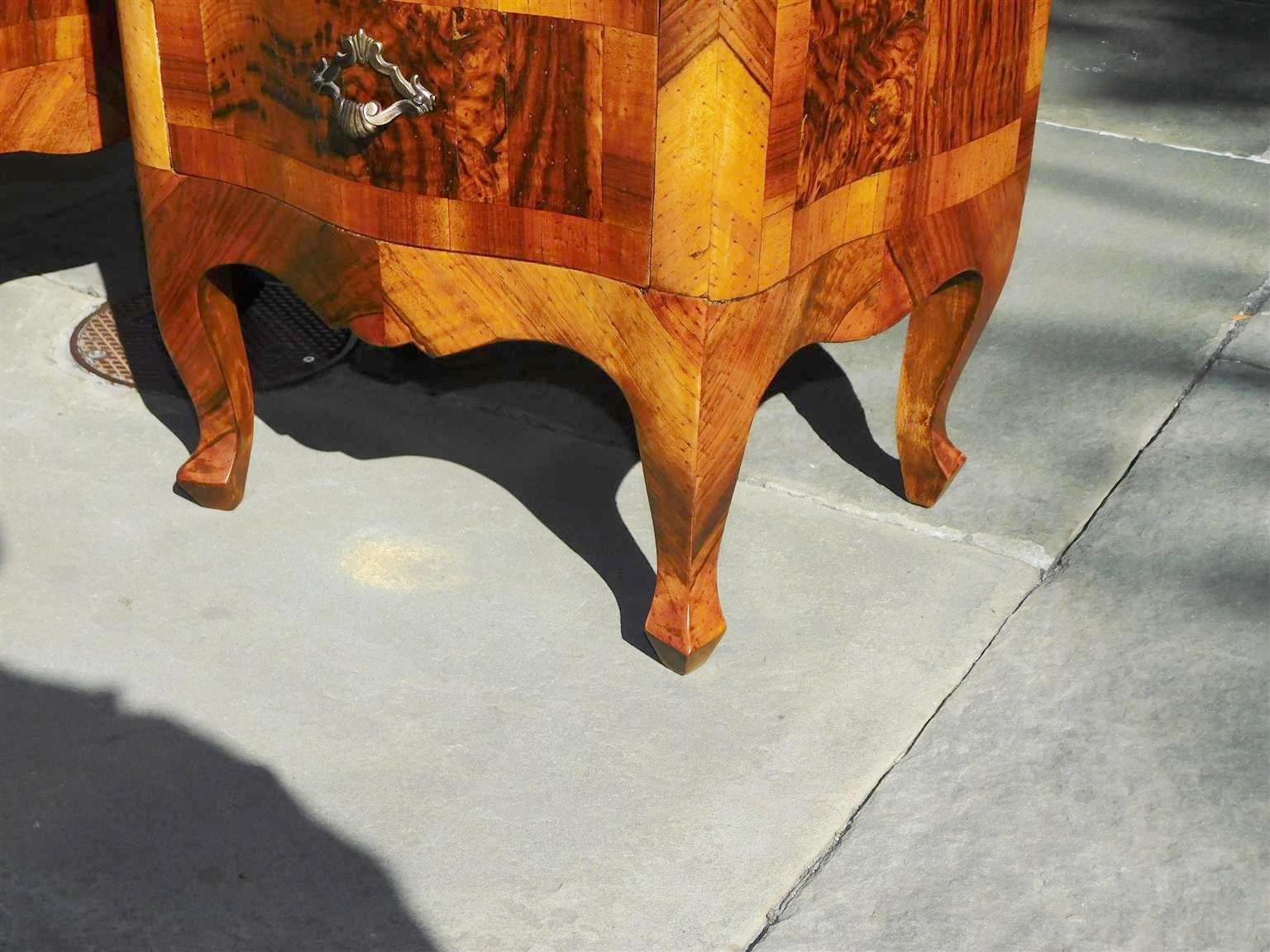 Pair of Italian Burl Walnut Serpentine Inlaid Commodes on Cabriole Legs, C. 1840 1