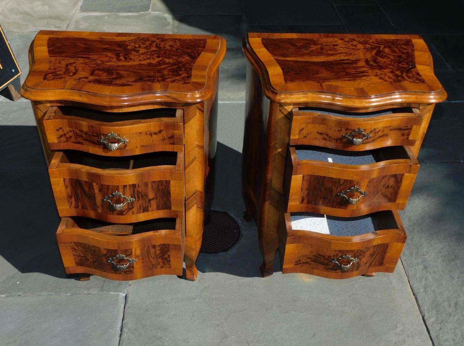 Pair of Italian Burl Walnut Serpentine Inlaid Commodes on Cabriole Legs, C. 1840 2