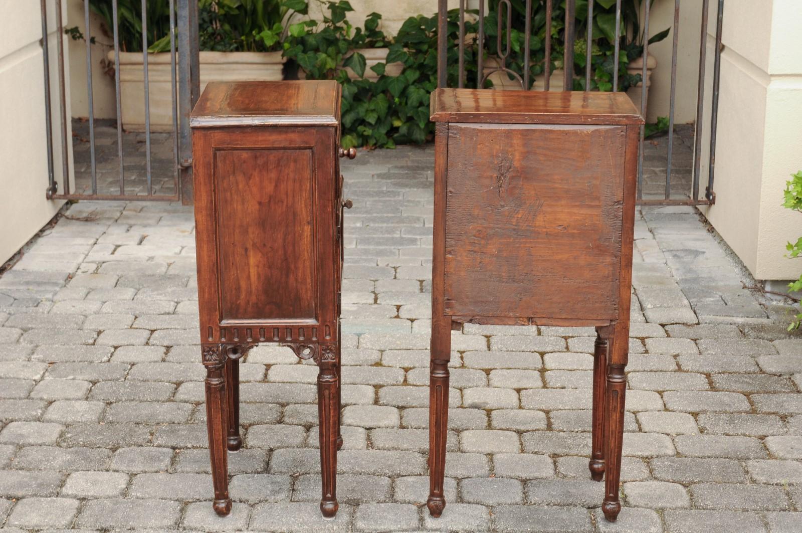 Pair of Italian Walnut Side Tables circa 1860 with Door, Drawer and Carved Skirt 4