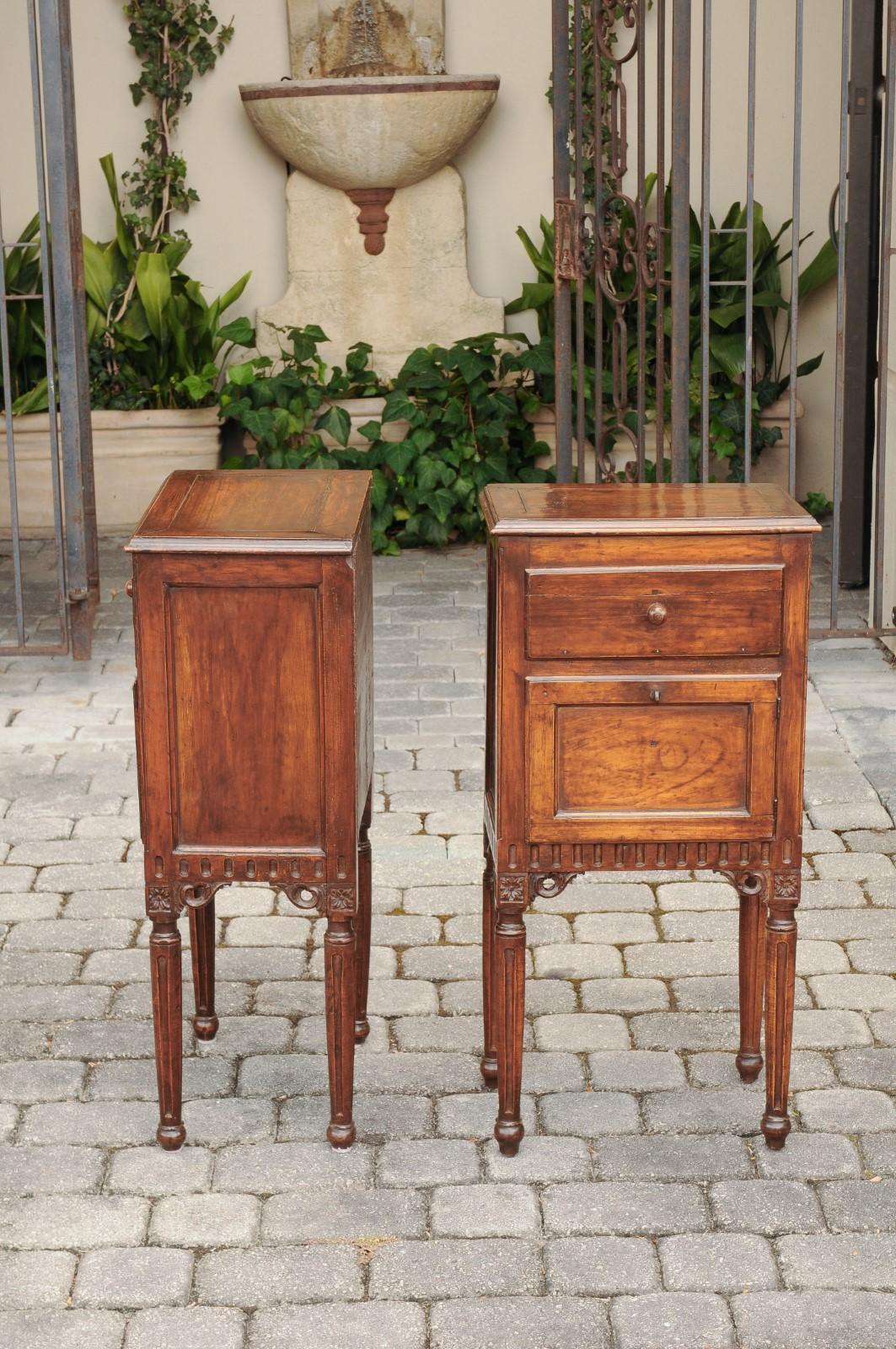 Pair of Italian Walnut Side Tables circa 1860 with Door, Drawer and Carved Skirt 6