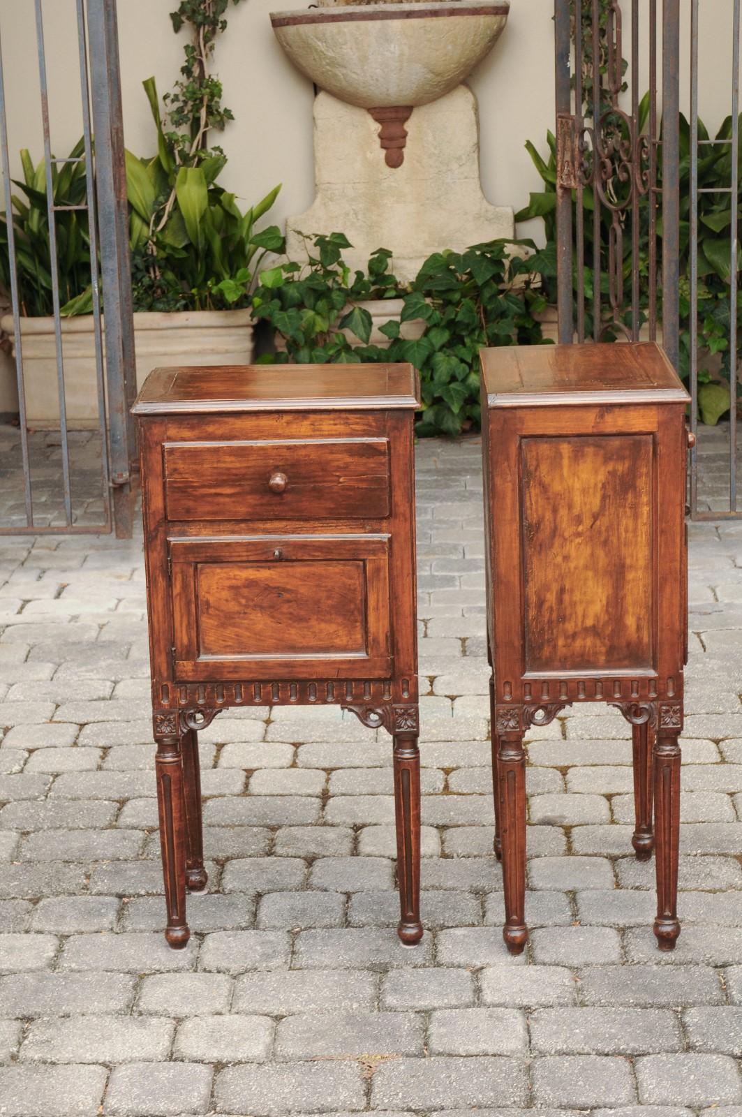 Pair of Italian Walnut Side Tables circa 1860 with Door, Drawer and Carved Skirt 7