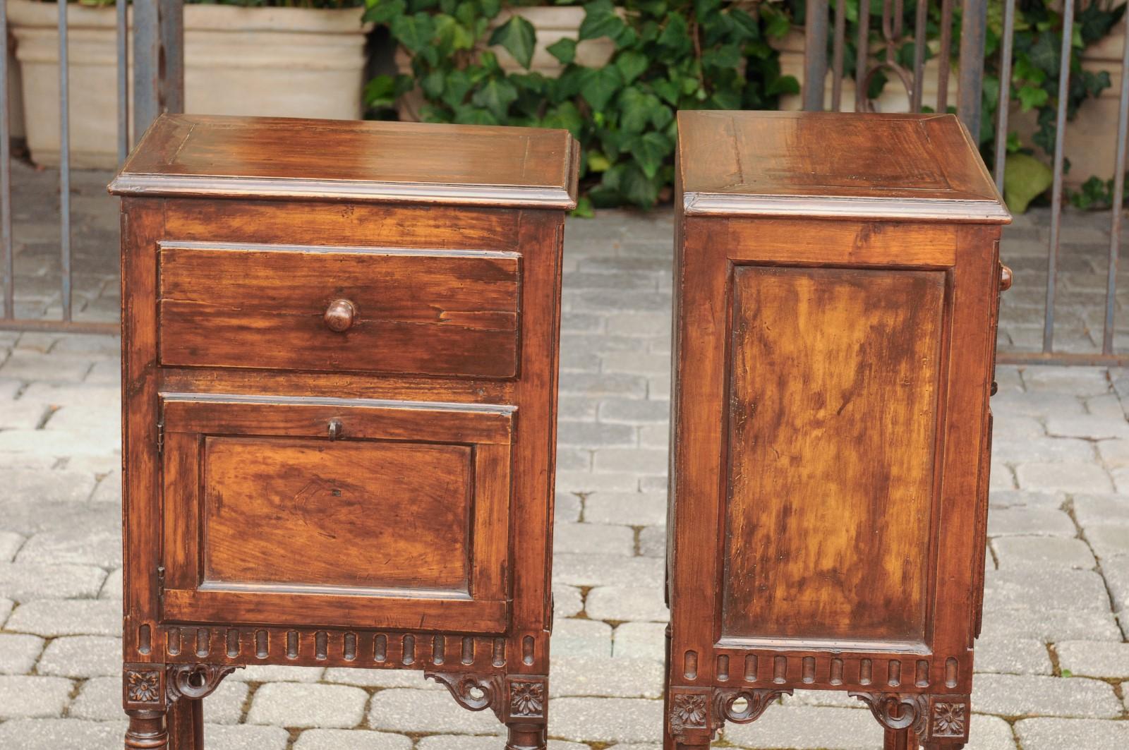 Pair of Italian Walnut Side Tables circa 1860 with Door, Drawer and Carved Skirt 8