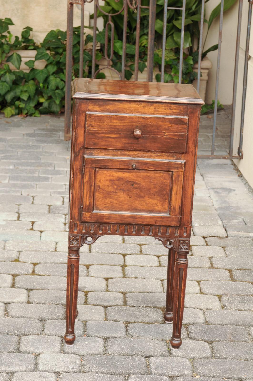 Pair of Italian Walnut Side Tables circa 1860 with Door, Drawer and Carved Skirt In Good Condition In Atlanta, GA