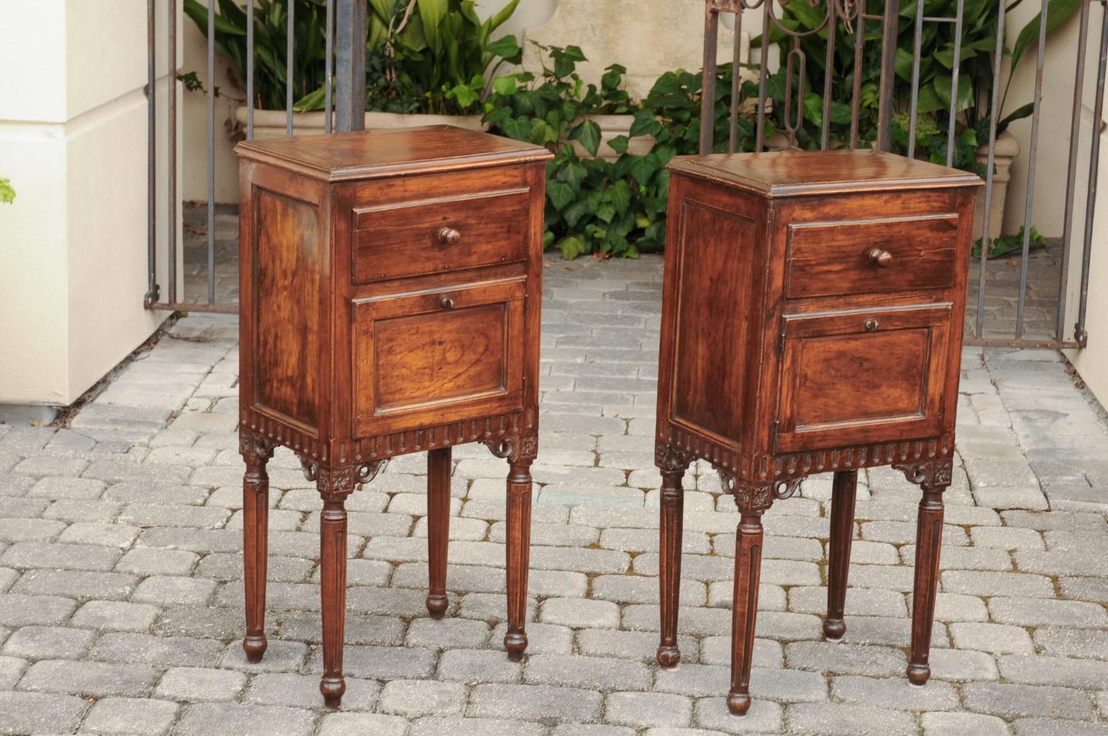 19th Century Pair of Italian Walnut Side Tables circa 1860 with Door, Drawer and Carved Skirt