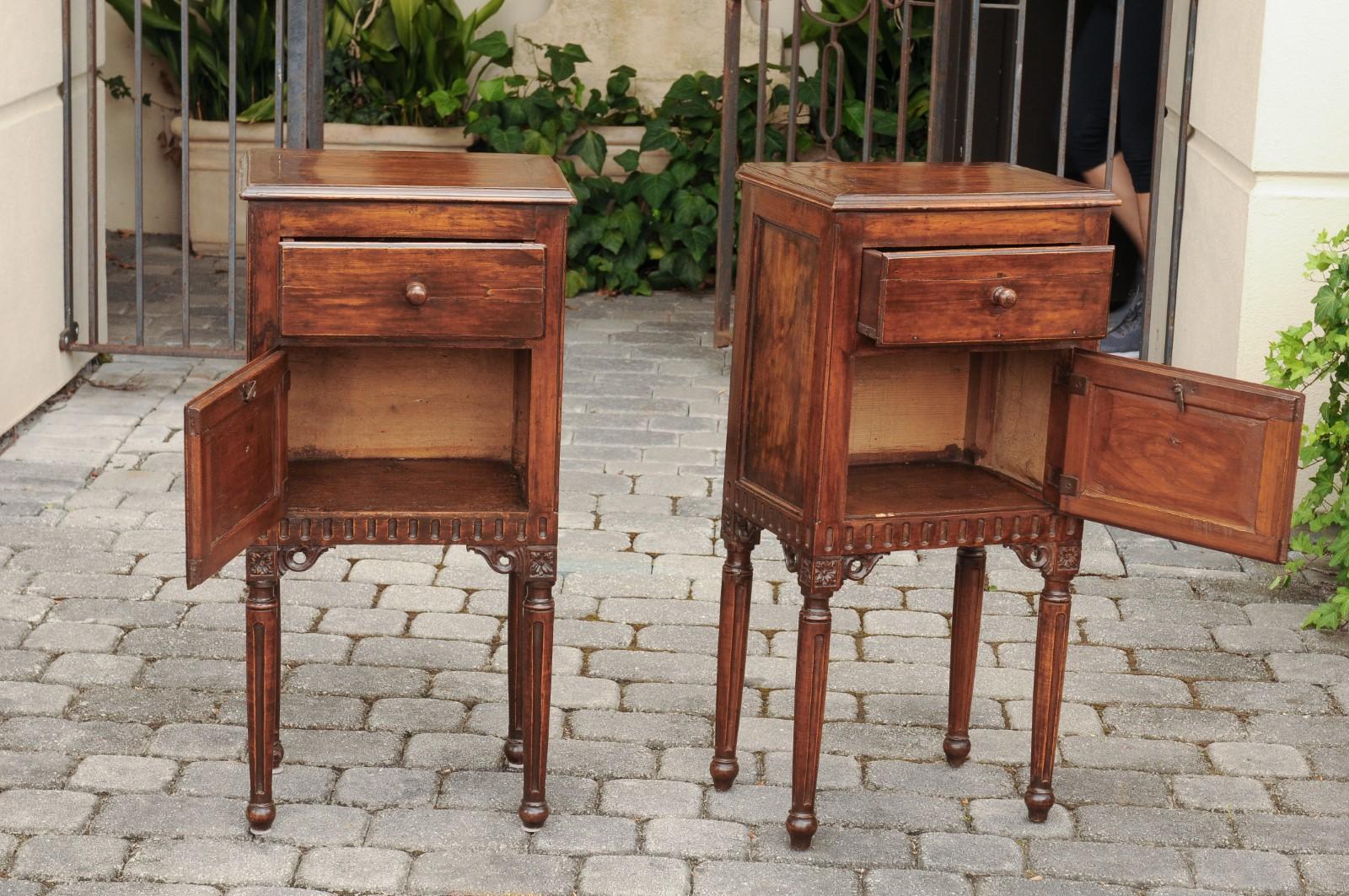 Pair of Italian Walnut Side Tables circa 1860 with Door, Drawer and Carved Skirt 1