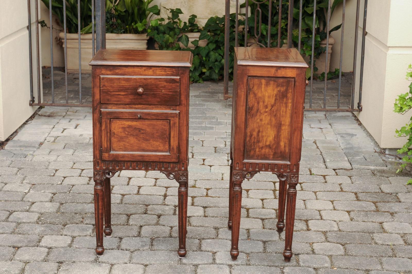 Pair of Italian Walnut Side Tables circa 1860 with Door, Drawer and Carved Skirt 2