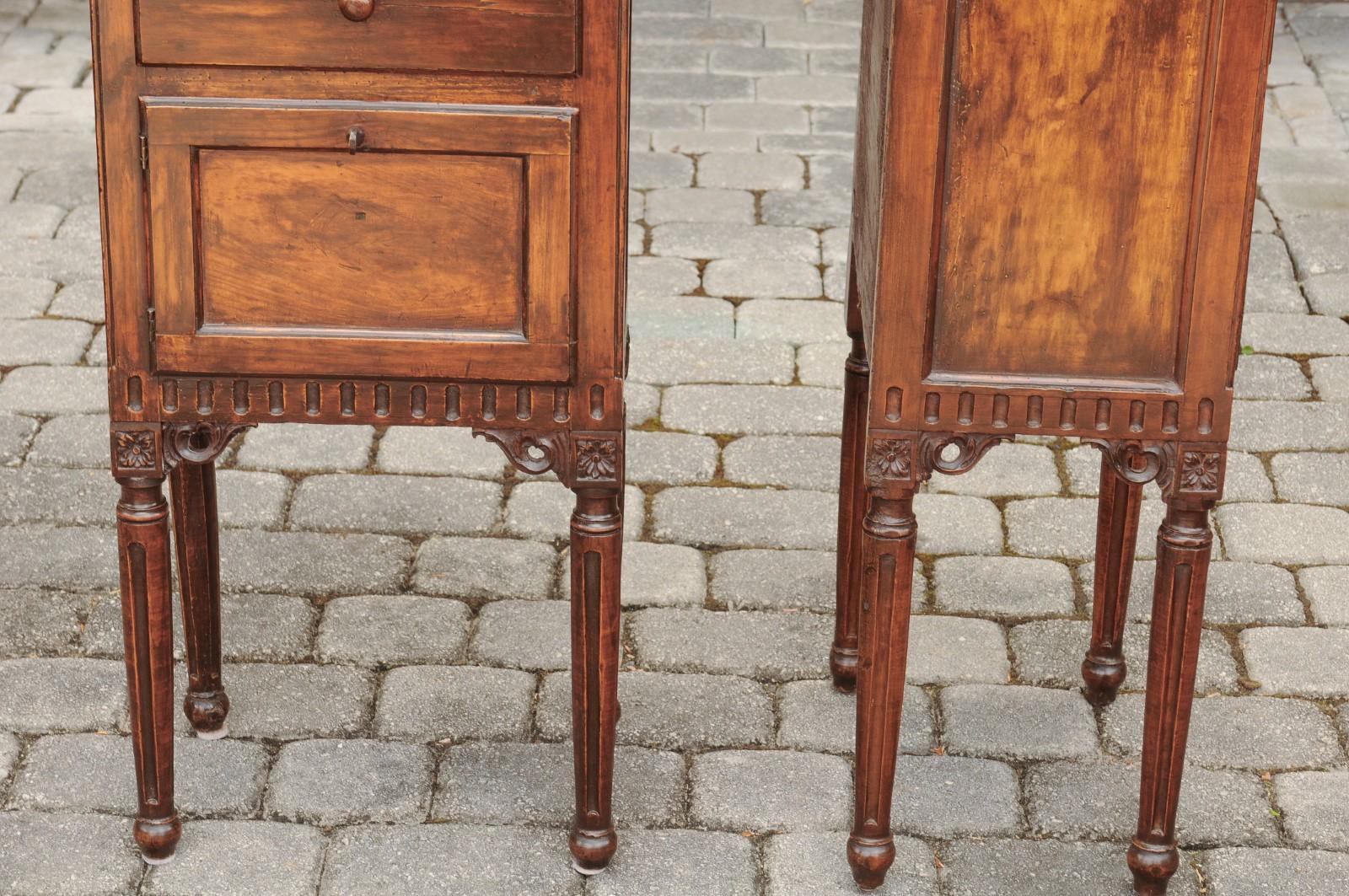 Pair of Italian Walnut Side Tables circa 1860 with Door, Drawer and Carved Skirt 3