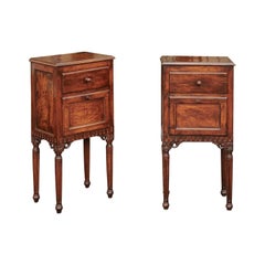 Pair of Italian Walnut Side Tables circa 1860 with Door, Drawer and Carved Skirt