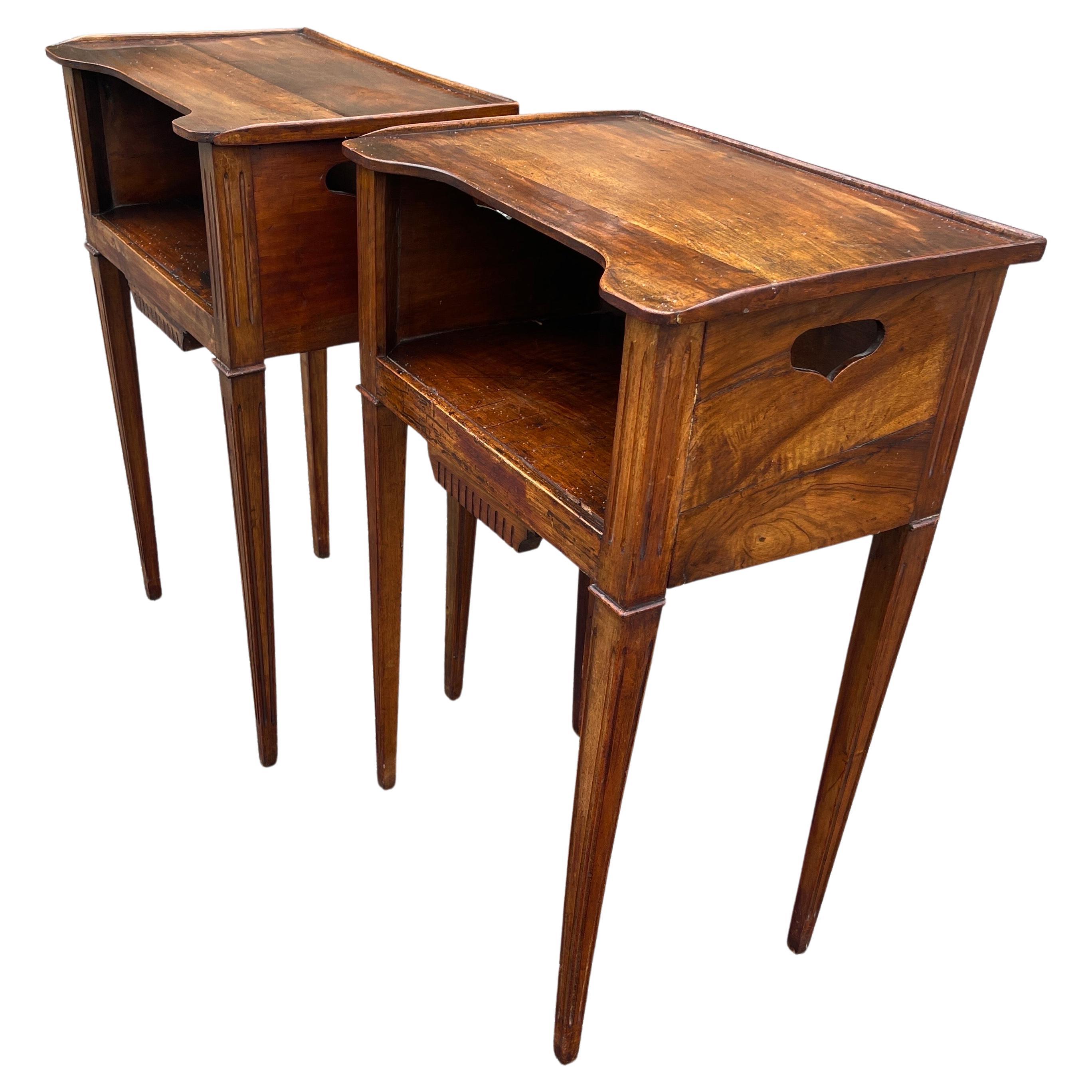 Pair of Italian Walnut Side Tables on Fluted and Tapering Legs