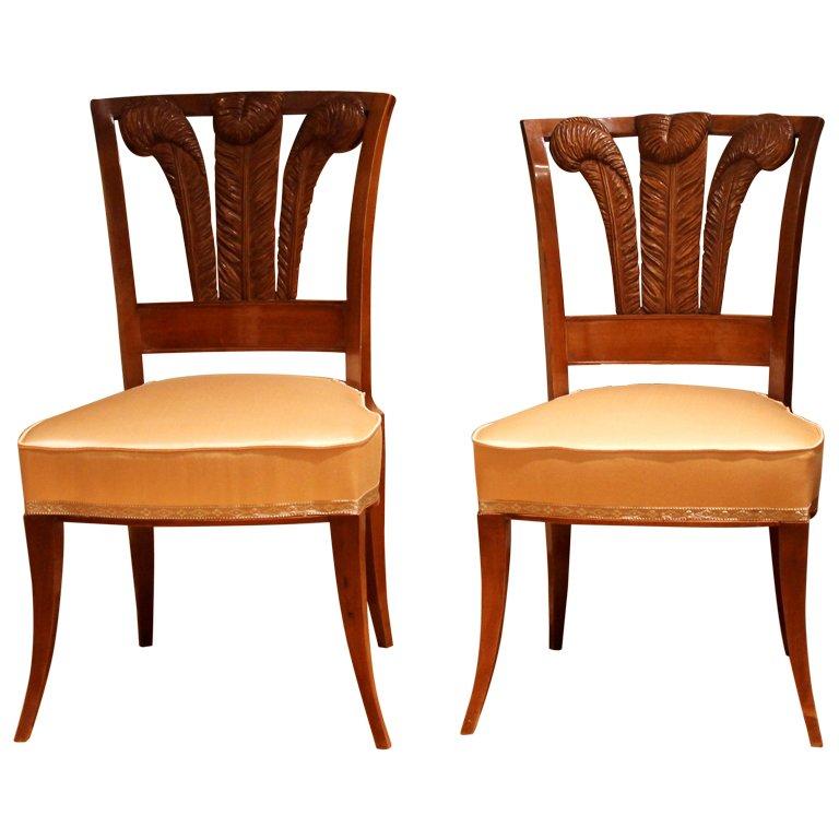 Pair of Italian Walnutwood Dining Chairs with Windsor Feathers and Peach Silk