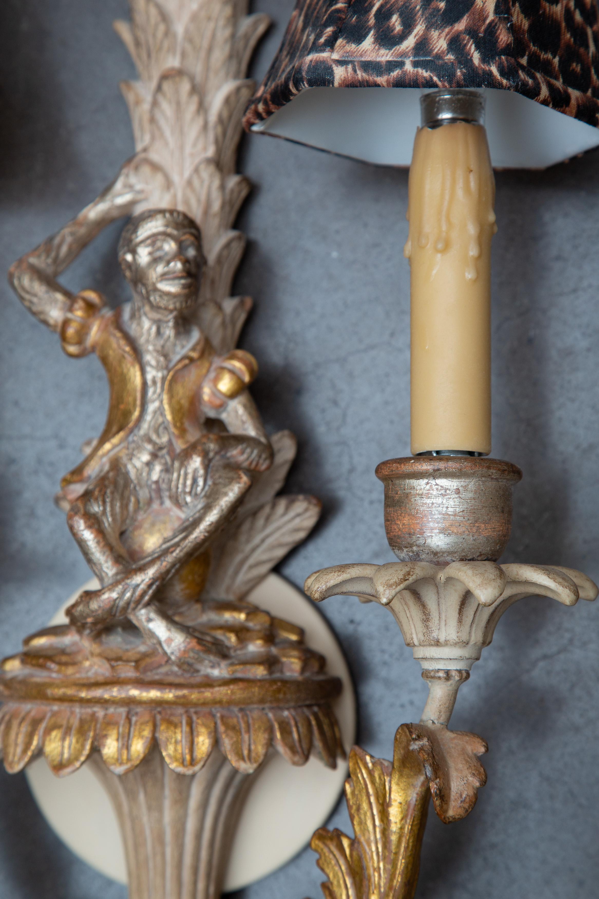 Other Pair of Italian Washed Beech and Parcel Gilt Sconces with Figural Monkeys