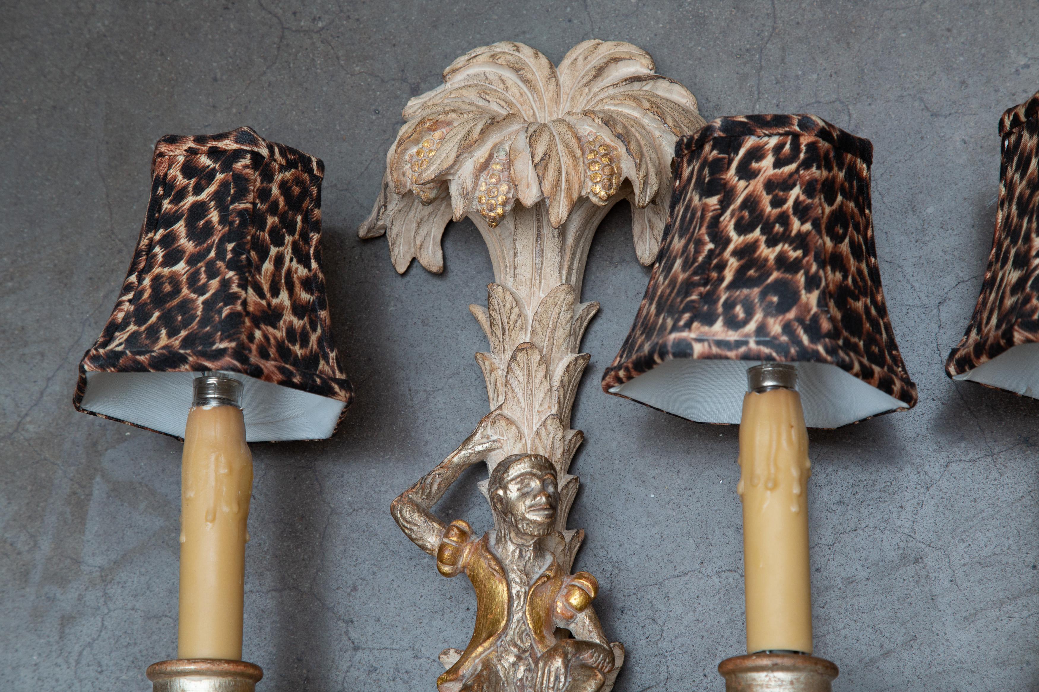 Hand-Carved Pair of Italian Washed Beech and Parcel Gilt Sconces with Figural Monkeys