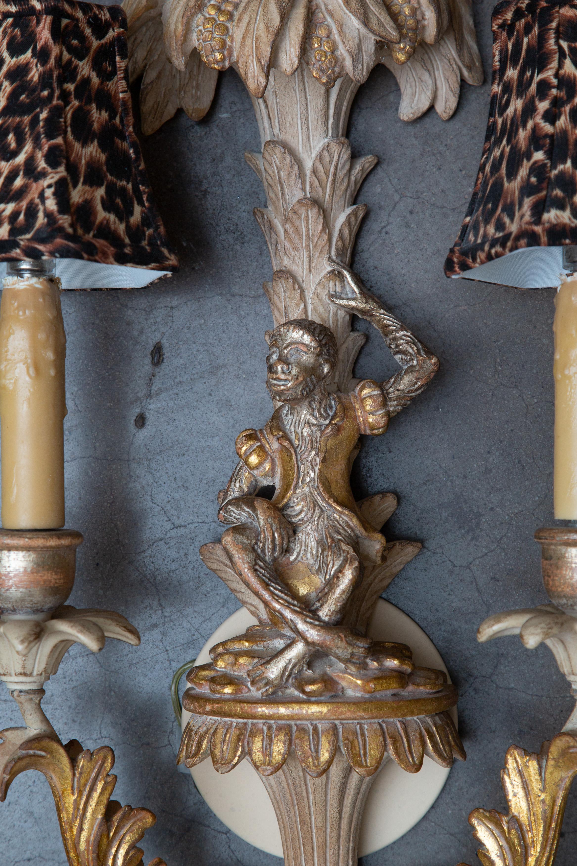 Pair of Italian Washed Beech and Parcel Gilt Sconces with Figural Monkeys In Good Condition In WEST PALM BEACH, FL