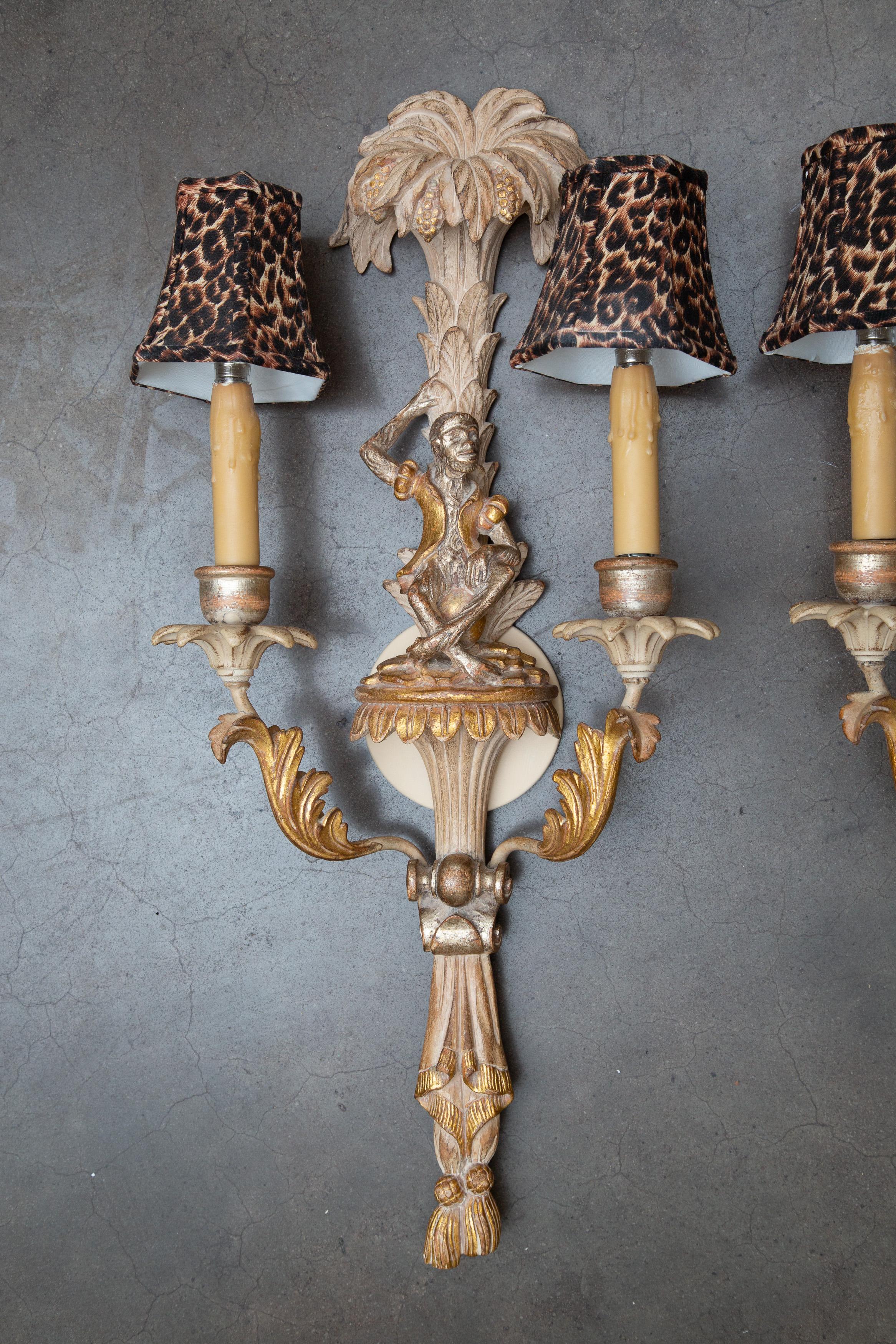 Pair of Italian Washed Beech and Parcel Gilt Sconces with Figural Monkeys 1