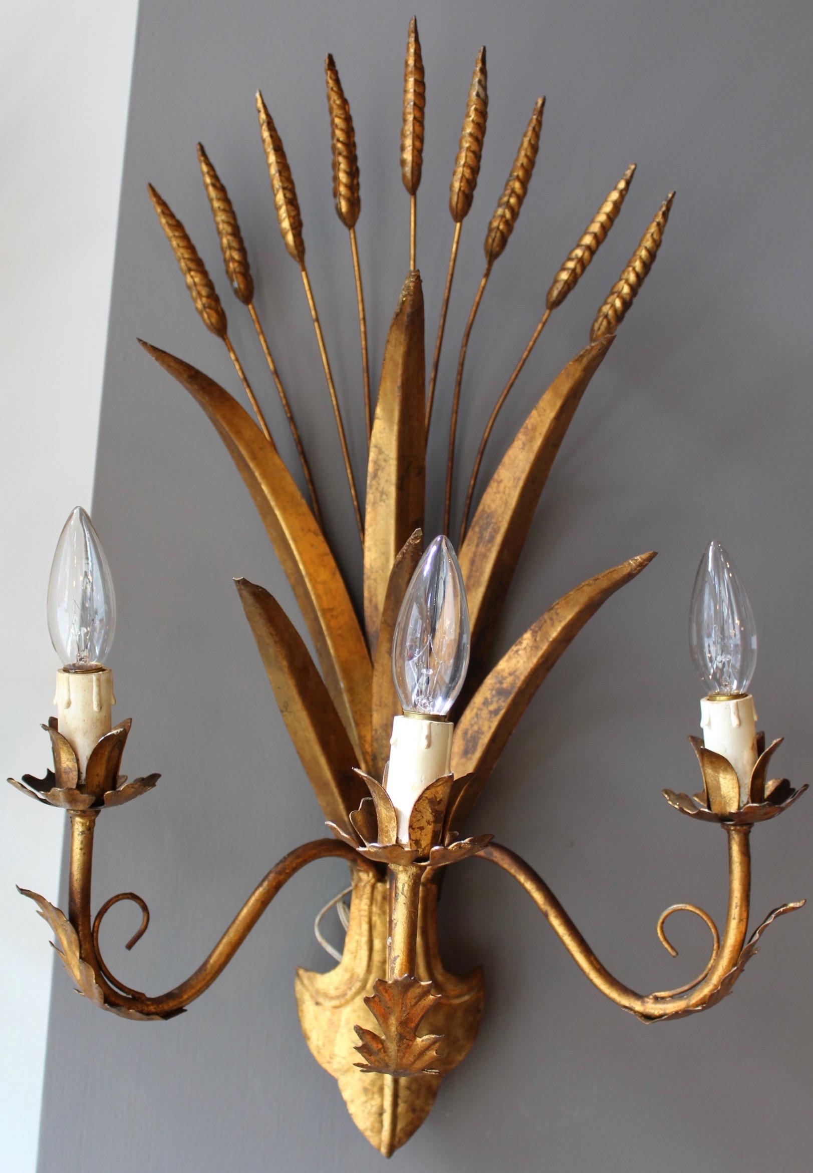 Pair of Italian gilt tole wheat form sconce. Wired for U.S. and in working condition.