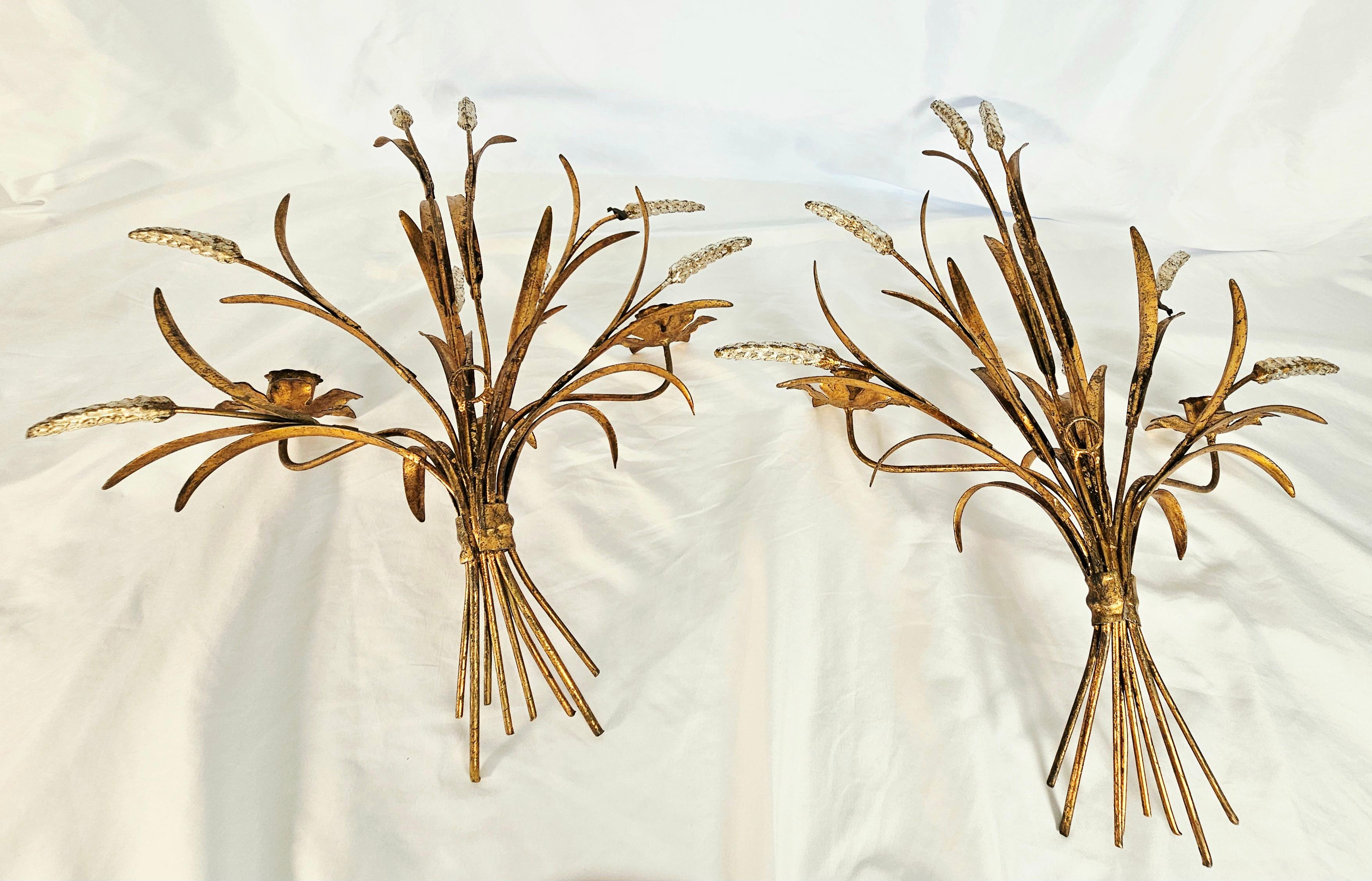 Pair of Italian wheat gilt gold candle wall sconces 7