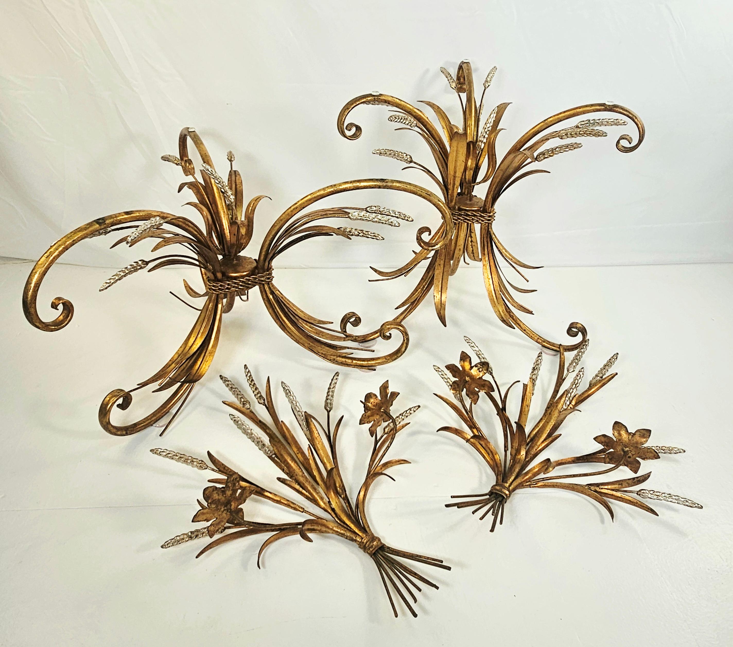 Pair of Italian wheat gilt gold candle wall sconces 9