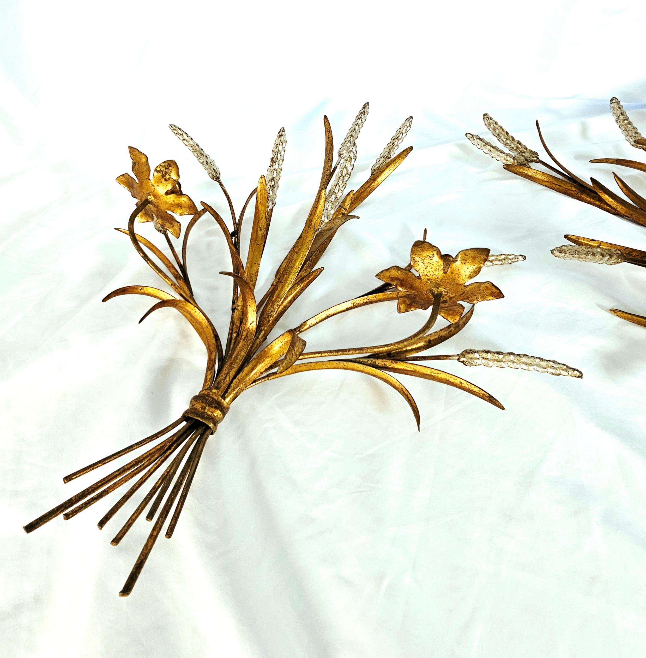 Gilt Pair of Italian wheat gilt gold candle wall sconces