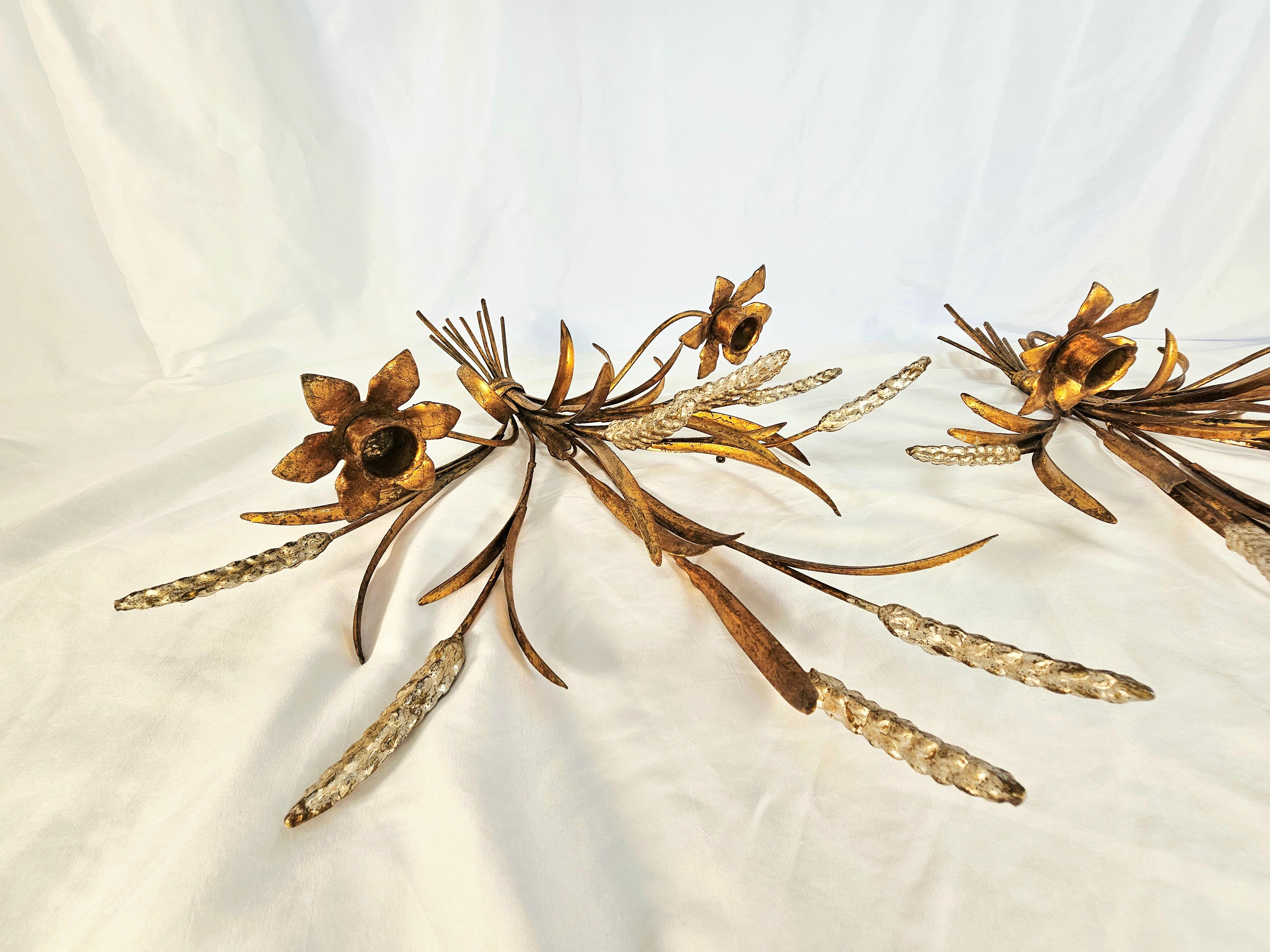 Brass Pair of Italian wheat gilt gold candle wall sconces
