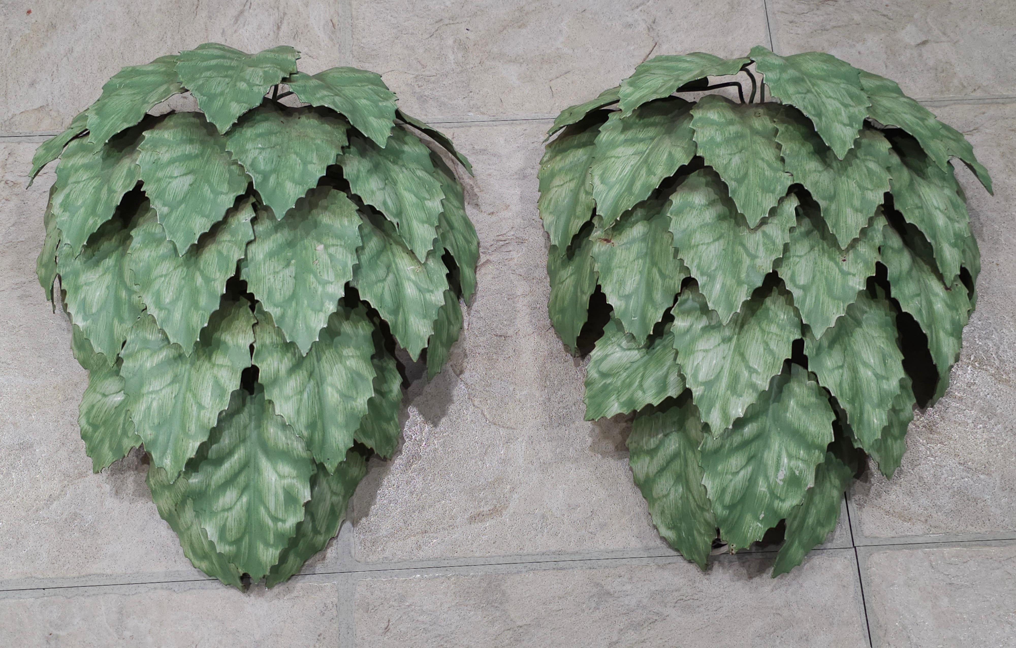 Mid-Century Modern Pair of Italian Whimsical Leaf Motif Green Tole Wall Sconces For Sale