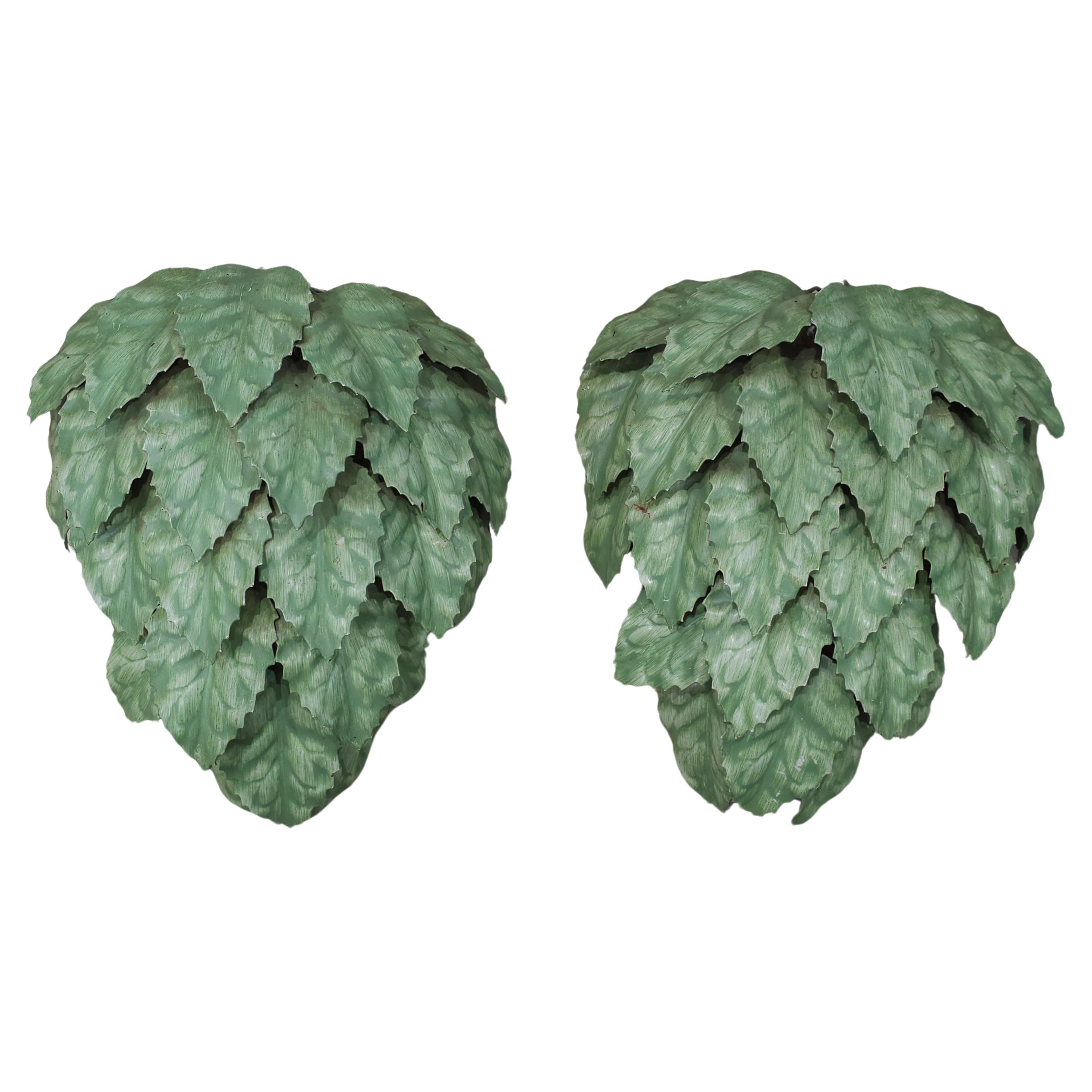 Pair of Italian Whimsical Leaf Motif Green Tole Wall Sconces For Sale